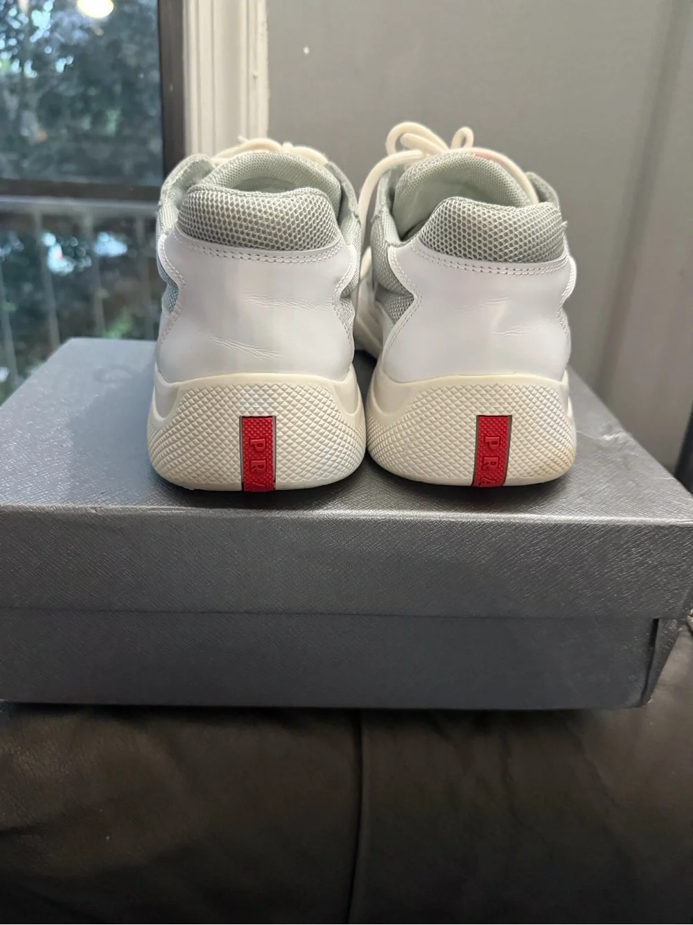 Prada White and Light Gray Low-Top Mesh & Leather Sneakers